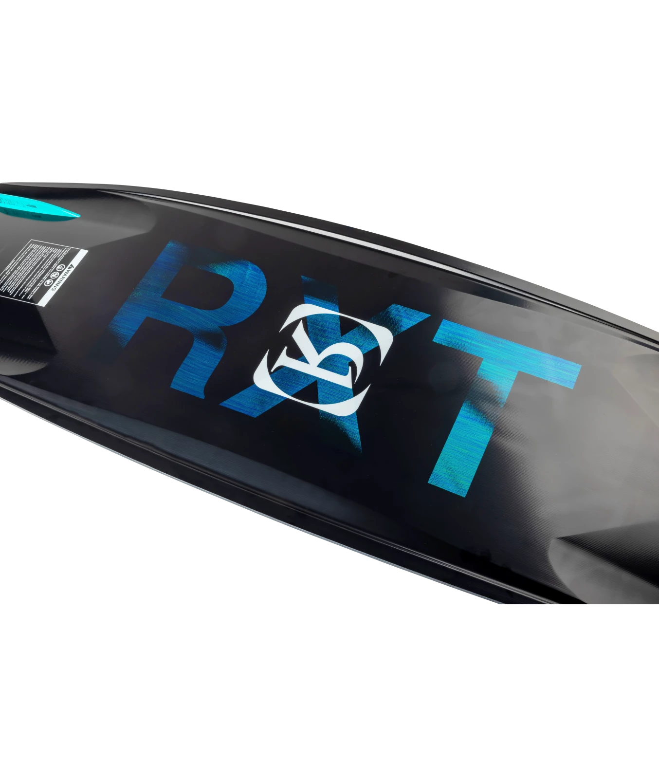 Ronix RXT wakeboard graphic, base inset shot of the bottom of board, showing color gradient RXT with veil material, white Ronix icon