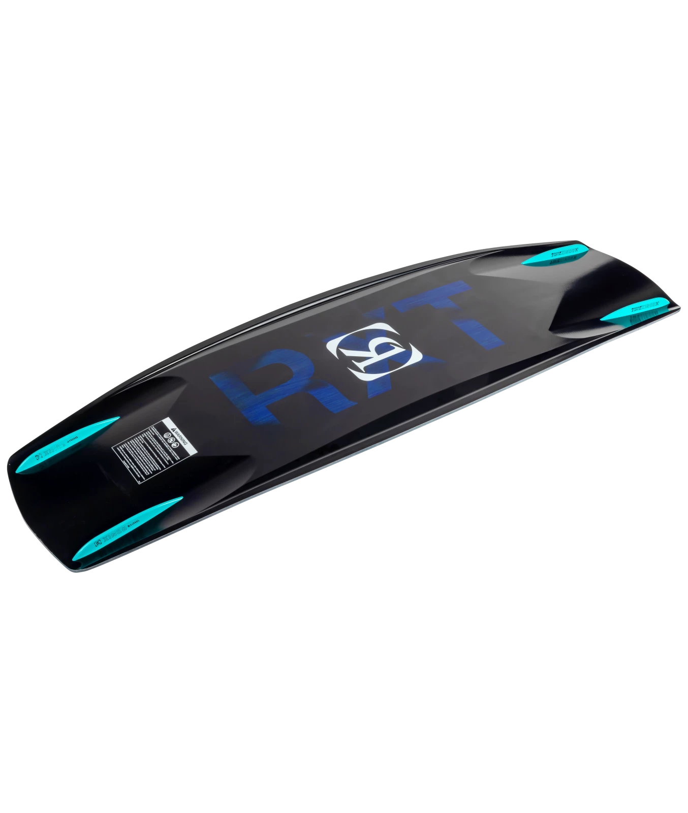 Ronix RXT wakeboard graphic, right angled base shot of the bottom of board, showing color gradient RXT with veil material, white Ronix icon