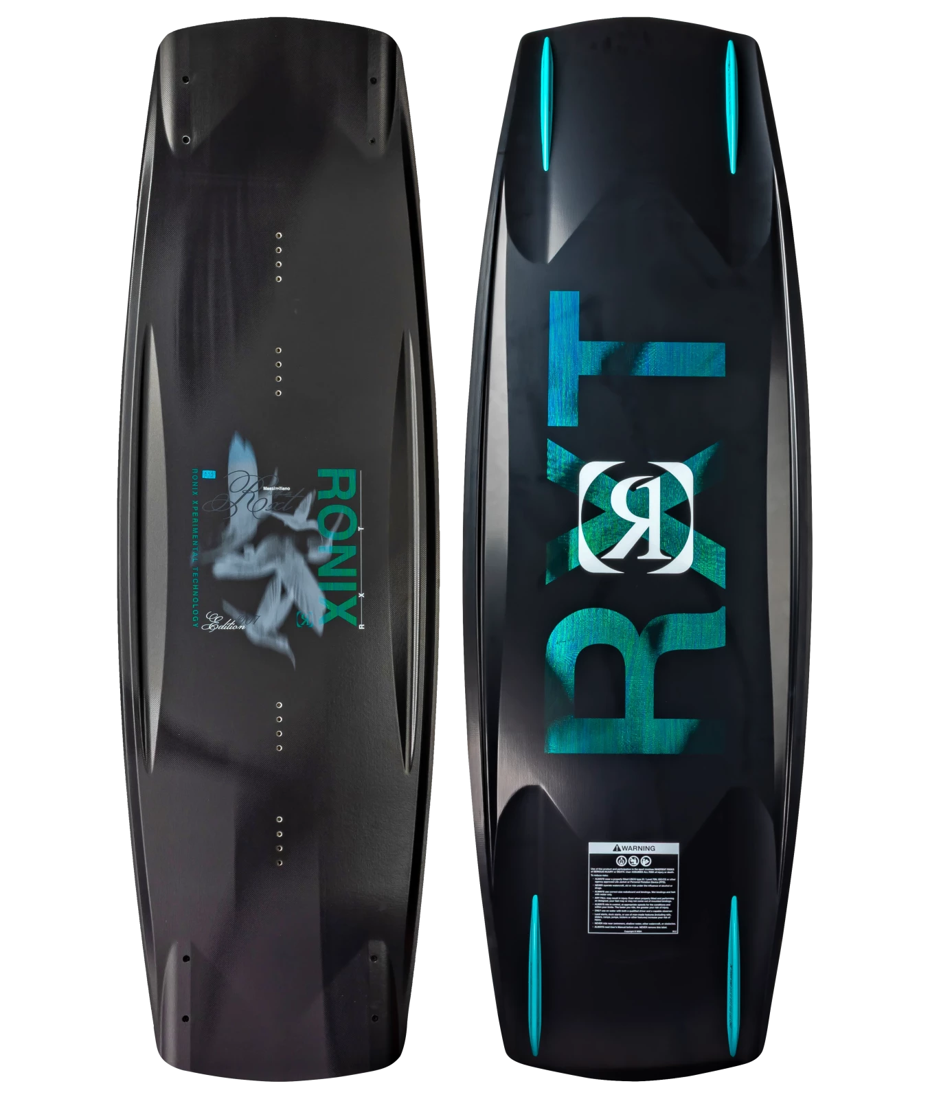 Ronix RXT wakeboard graphic, top and base shot of the bottom of board, showing color gradient RXT with veil material, white Ronix icon