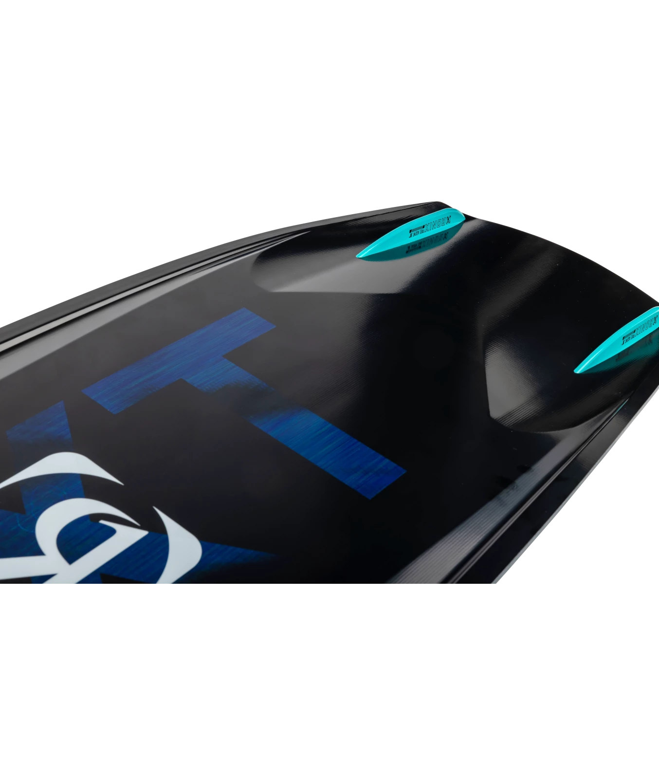 Ronix RXT wakeboard graphic, base inset shot of the bottom of board, showing color gradient RXT with veil material, white Ronix icon and teal wake fins