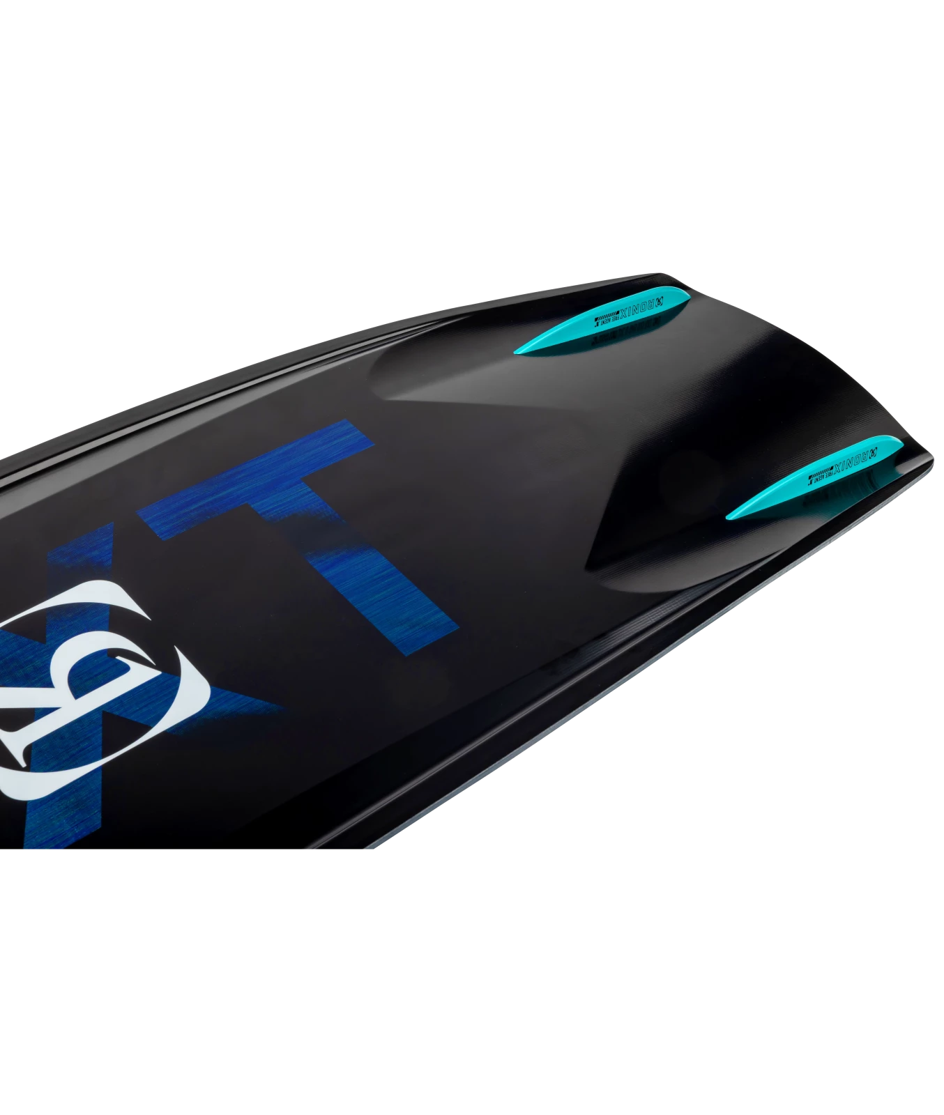 Ronix RXT wakeboard graphic, base inset shot of the bottom of board, showing color gradient RXT with veil material, white Ronix icon and teal wake fins