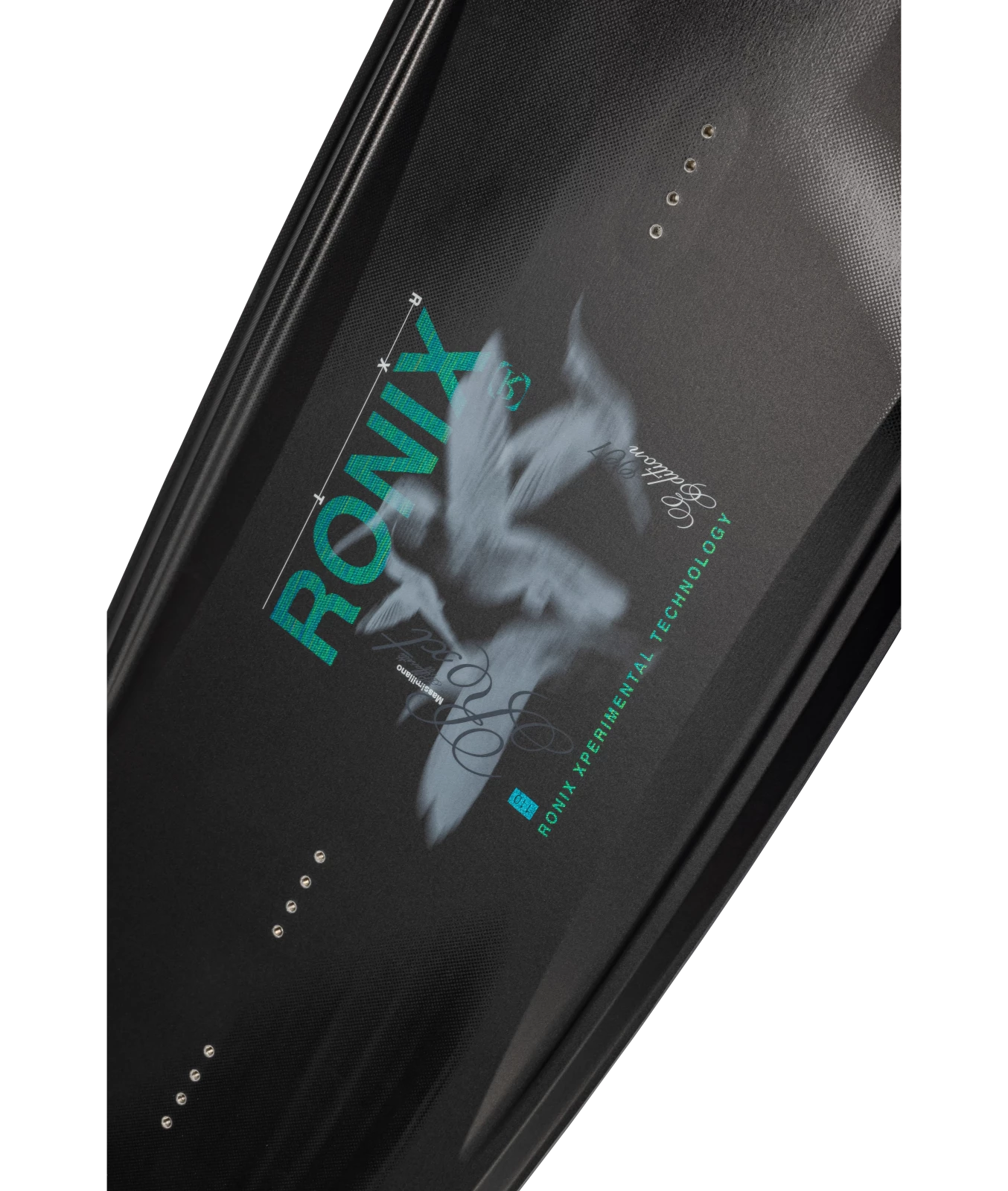 Ronix RXT wakeboard graphic, top inset shot of the top of board, showing color gradient Ronix with veil material, motion blurred hummingbirds