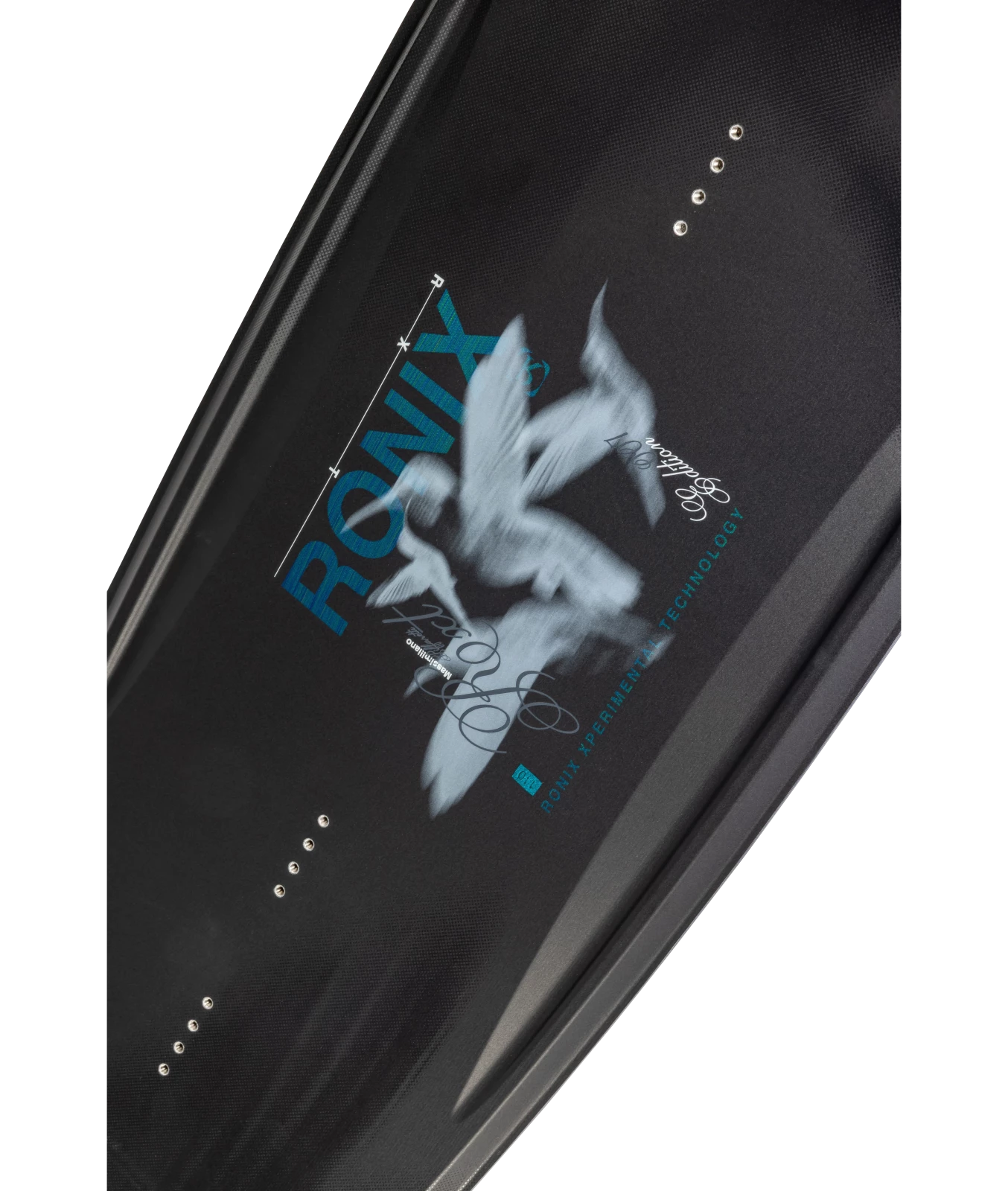 Ronix RXT wakeboard graphic, top inset shot of the top of board, showing color gradient Ronix with veil material, motion blurred hummingbirds
