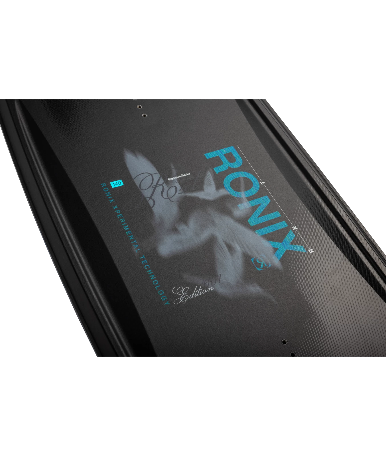Ronix RXT wakeboard graphic, top inset shot of the top of board, showing color gradient Ronix with veil material, motion blurred hummingbirds