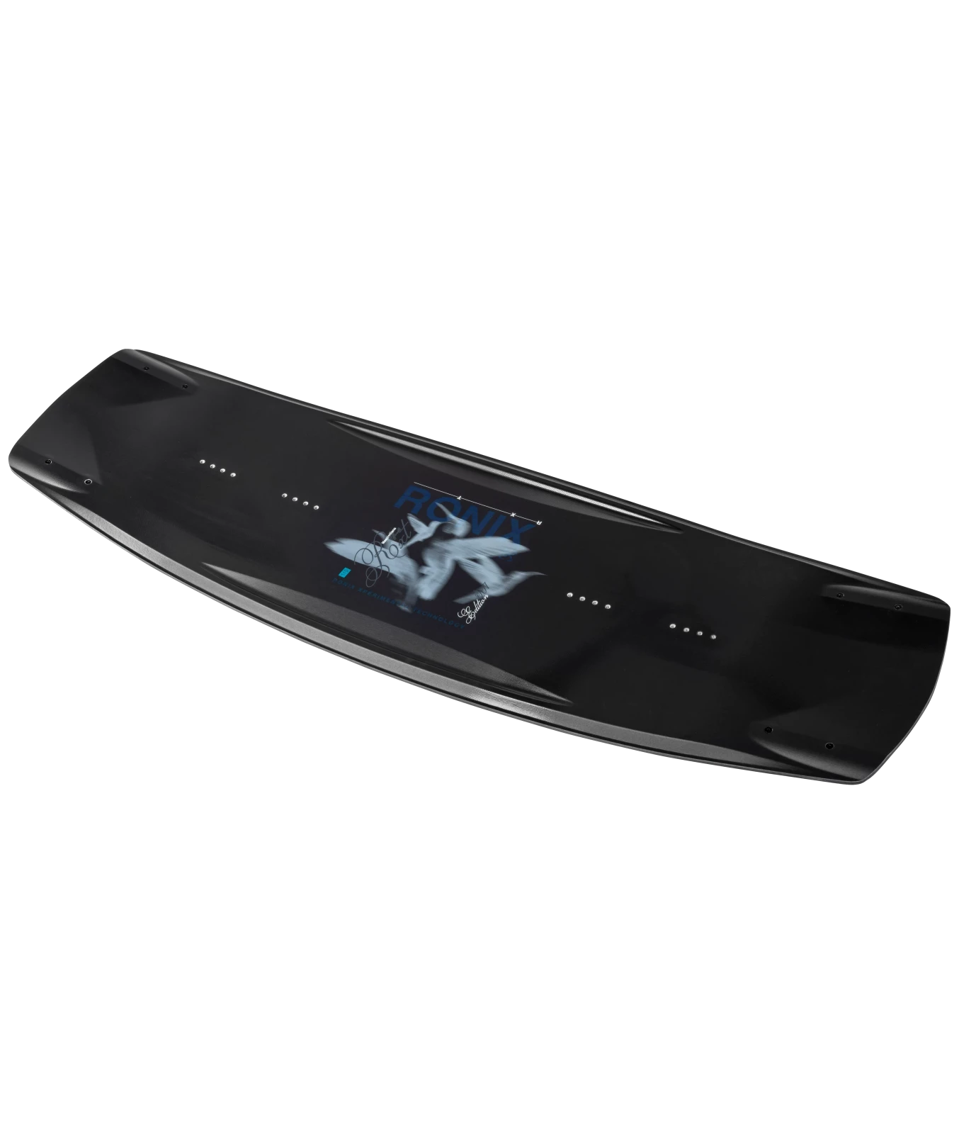 Ronix RXT wakeboard graphic, left top angled shot of the board, showing color gradient Ronix with veil material, motion blurred hummingbirds