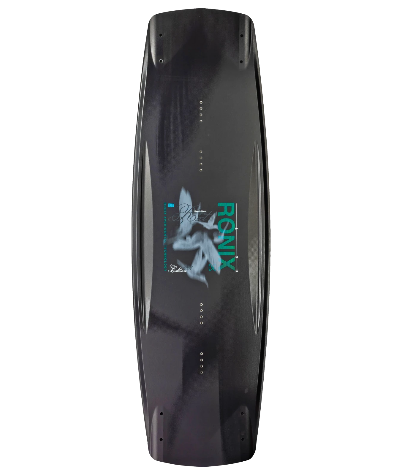 Ronix RXT wakeboard graphic, top shot of the board, showing color gradient Ronix with veil material, motion blurred hummingbirds