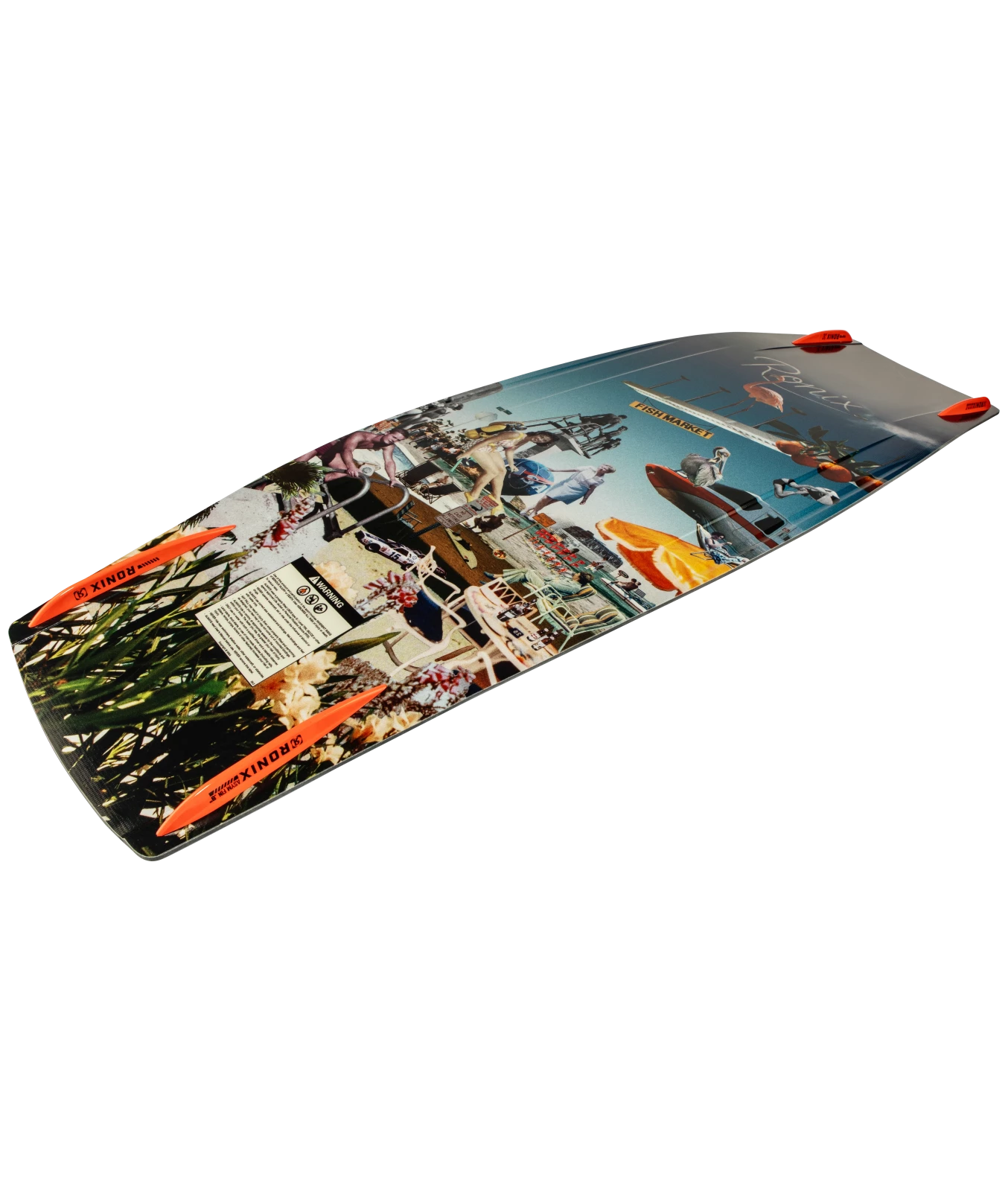 Ronix Supreme wakeboard graphic, right base angled shot of the bottom Florida collage, with elements inspired by Florida heritage.