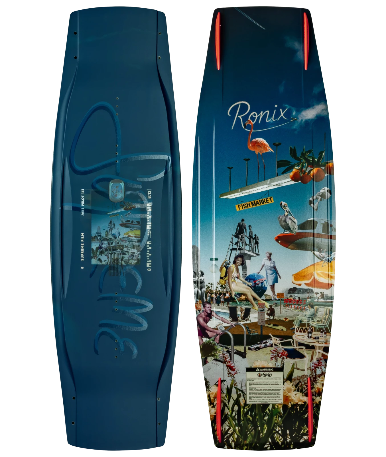 Ronix Supreme wakeboard graphic, top and base side by side shot featuring Supreme type, Florida based collage, lenticular badge and orange wakeboard fins.