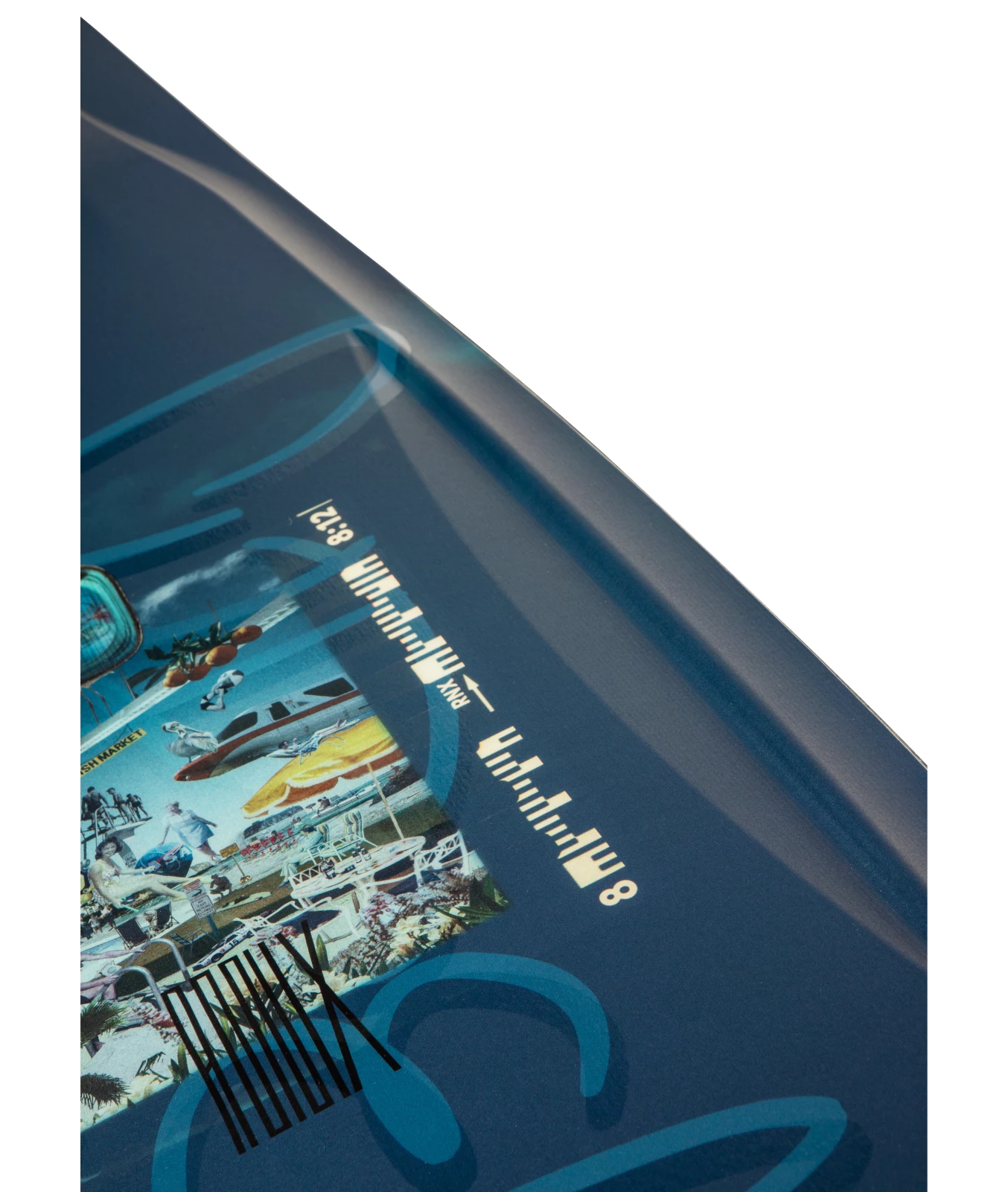 Ronix Supreme wakeboard graphic, top featuring Ronix type, Florida based collage, film markings and 8:12