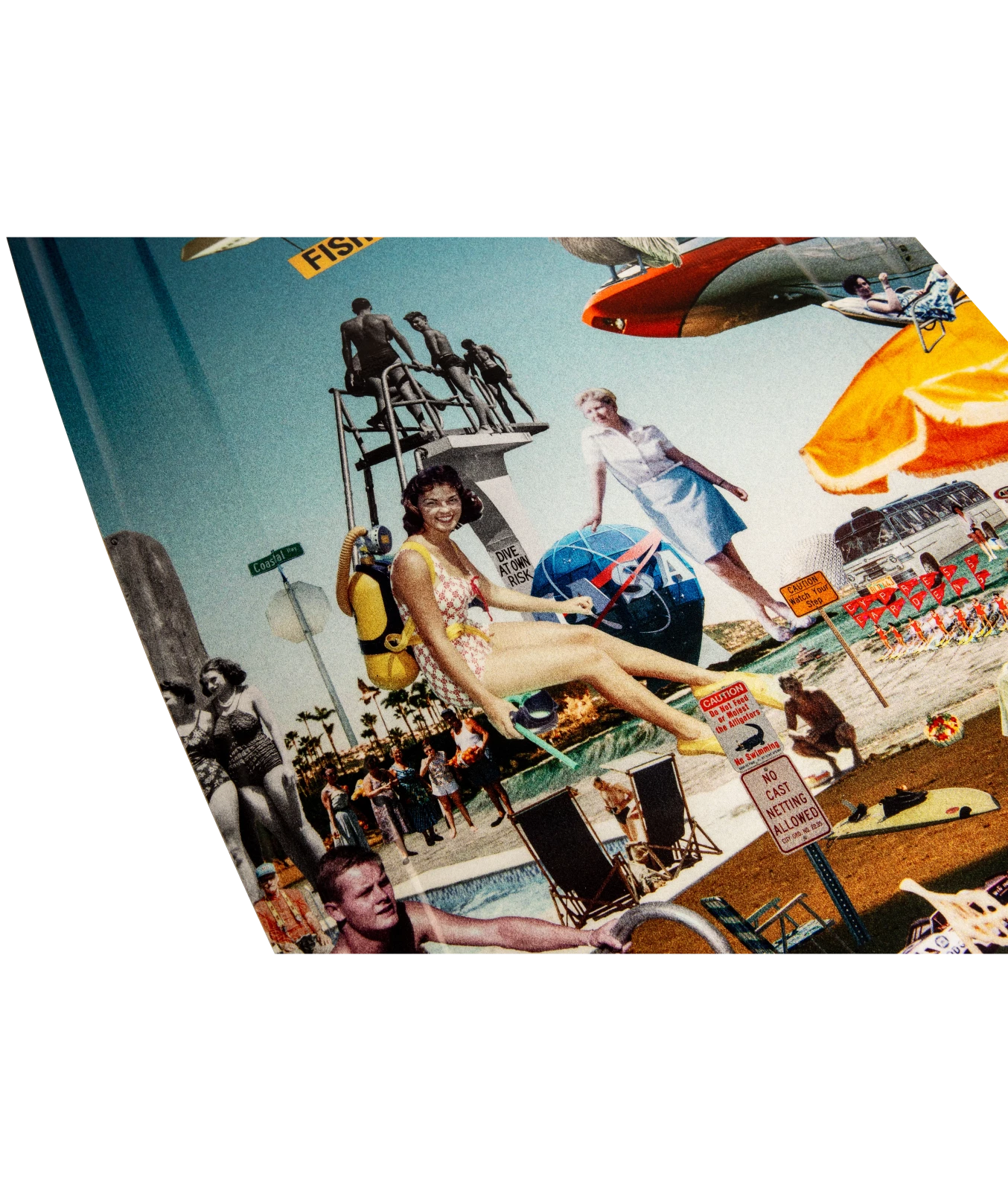 Ronix Supreme wakeboard graphic, showing girl with a scub tank, boys on a diving board, Nasa world statue, street signs, gator crossing signs, umbrella
