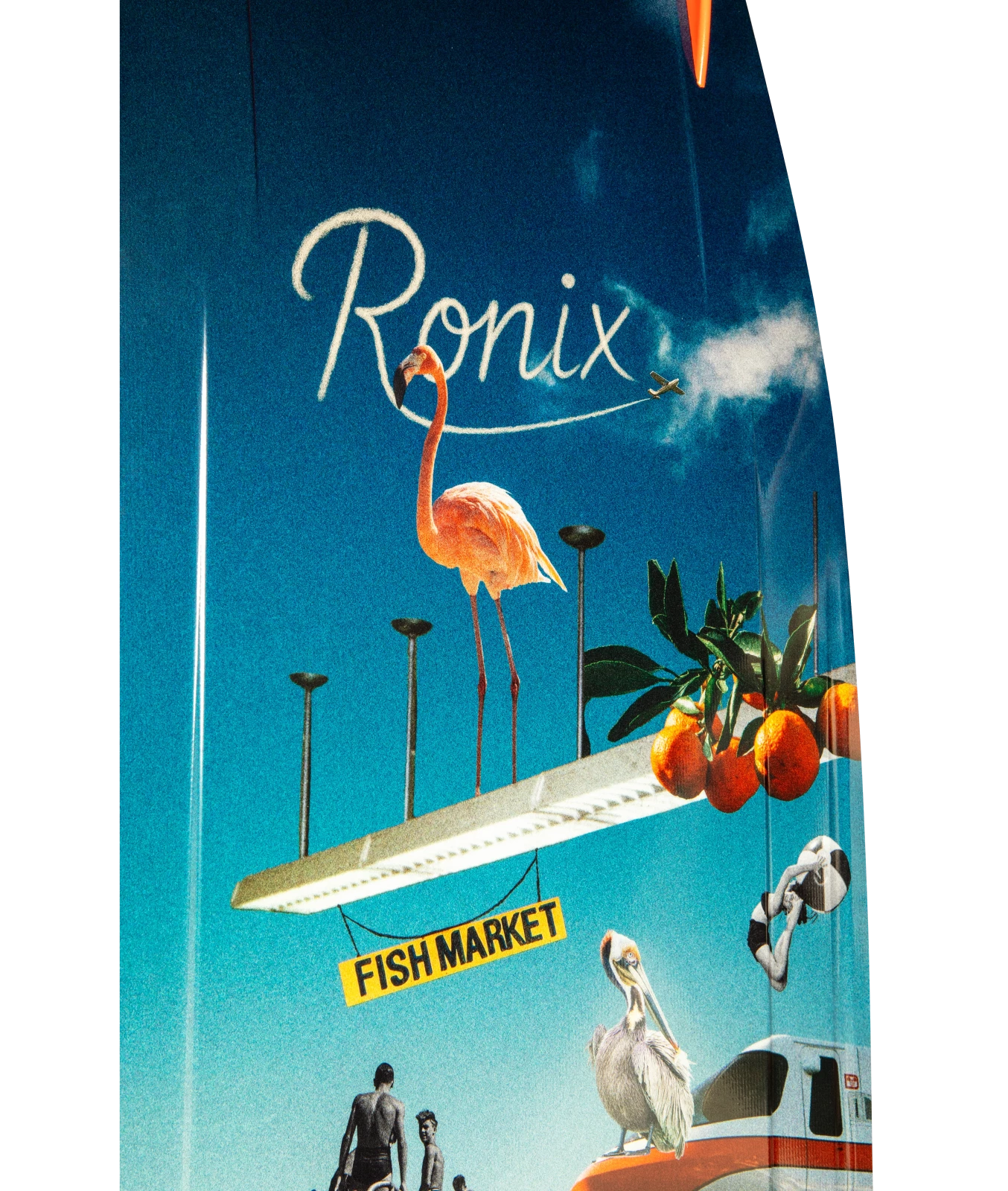 Ronix Supreme wakeboard graphic, showing flamingo standing on a light, a fish market sign, oranges, a pelican, a Disney tram, Ronix spelt out in sky writing by a plane
