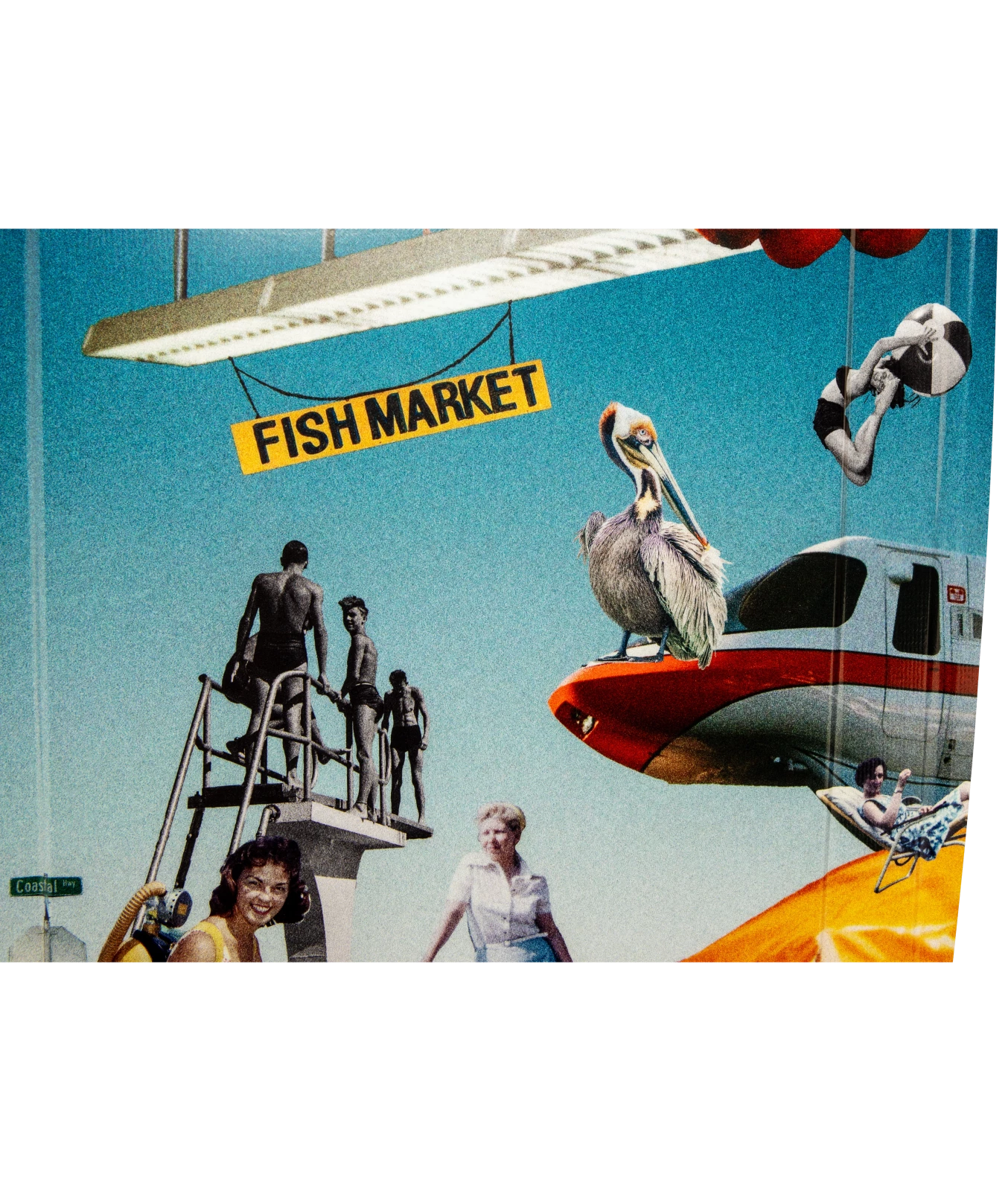 Ronix Supreme wakeboard graphic, showing a fish market sign, a pelican, a Disney tram, boys on a diving board, a woman with a scub tank