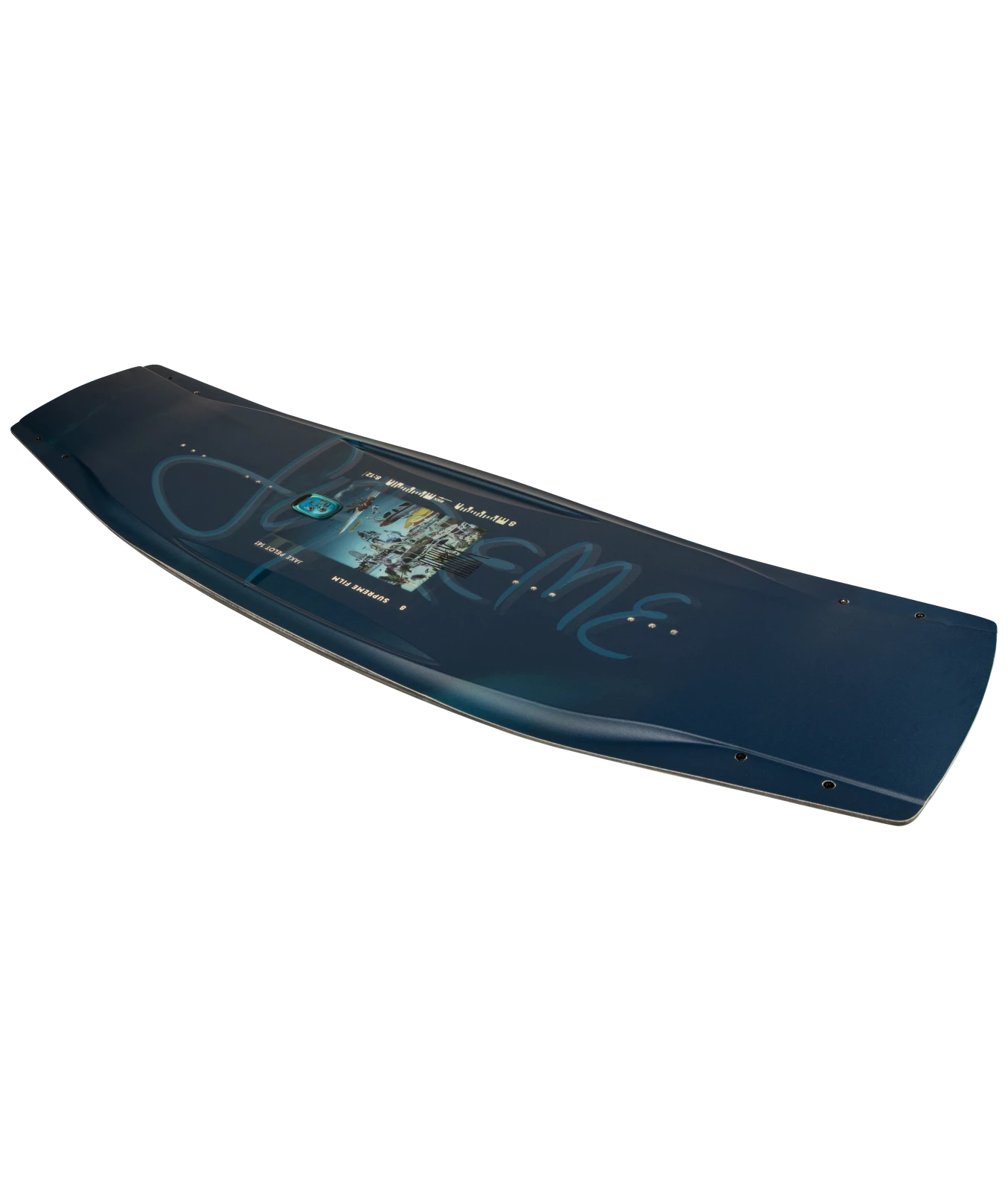 Ronix Supreme wakeboard graphic, left top angled shot of the top of the board, showing Supreme type, middle Florida collage.