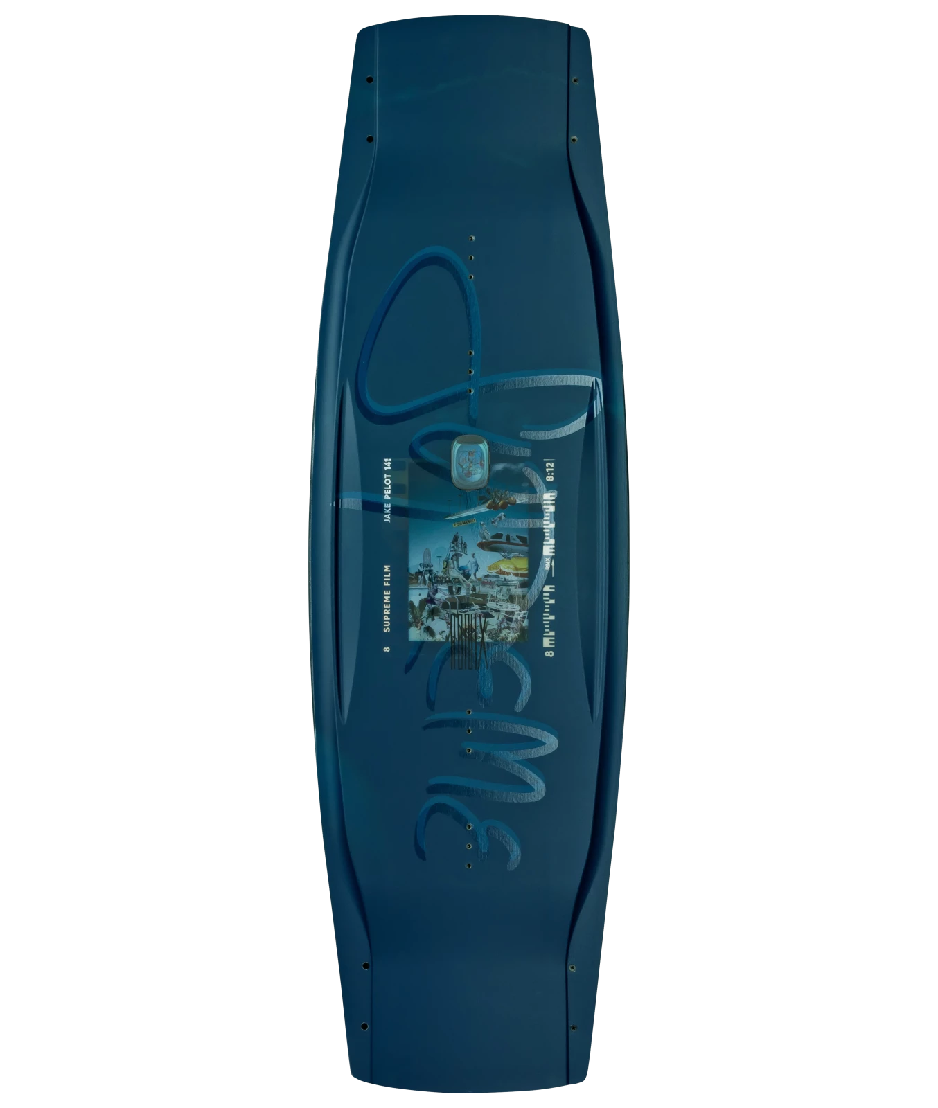 Ronix Supreme wakeboard graphic, top shot of the board, showing Supreme type, middle Florida collage.