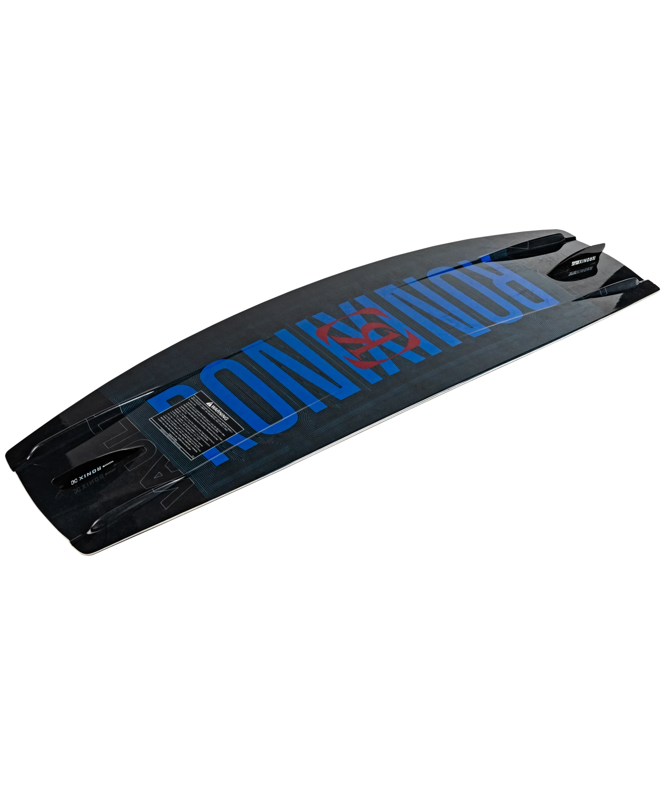 Base right angled image of Ronix Men's Vault wakeboard, black board with blue Ronix type and Ronix logos.