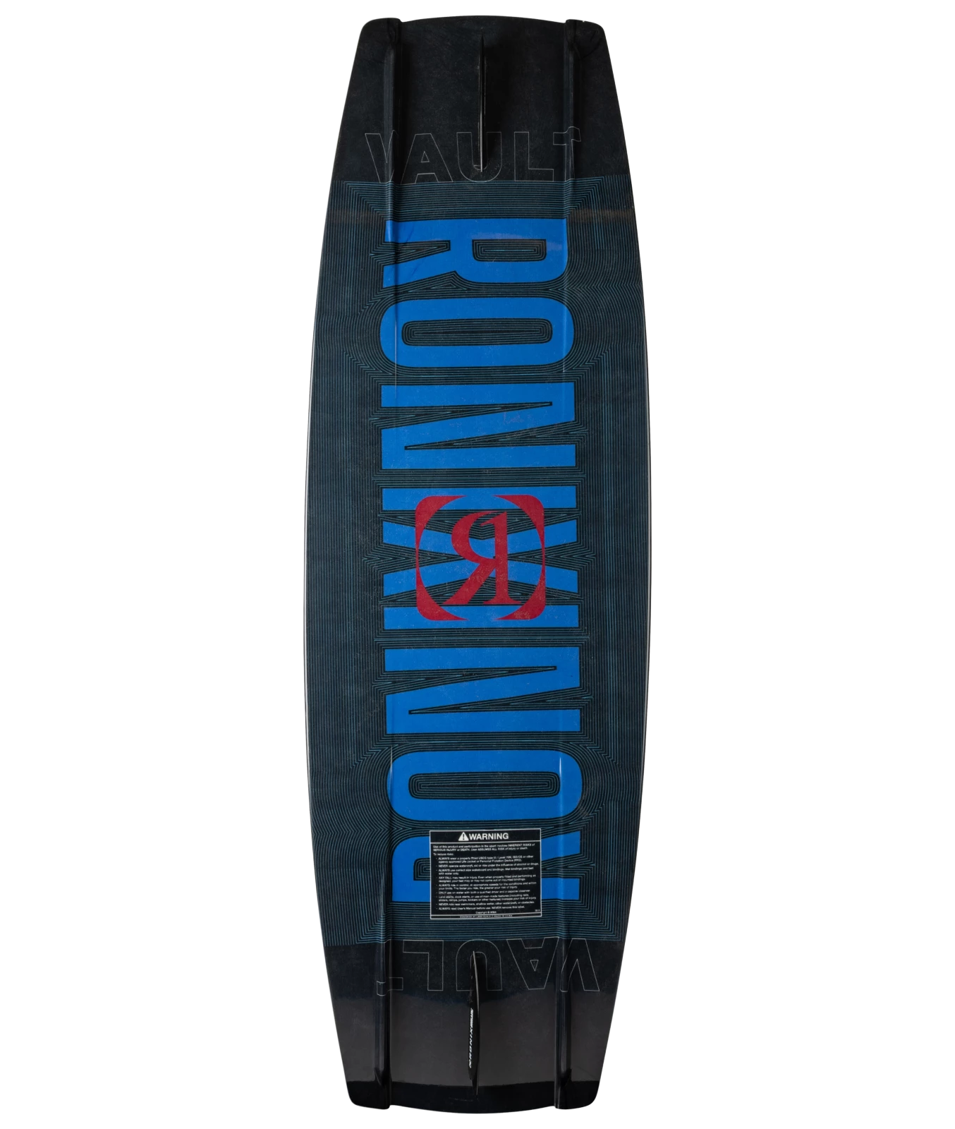 Base image of Ronix Men's Vault wakeboard, black board with blue lettering. Image shows large Ronix text, with Ronix logos.