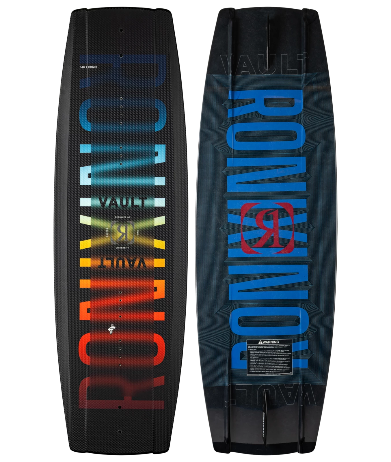 Top and base image of Ronix Men's Vault wakeboard, black board with color gradient. Image shows large Ronix text, with Ronix logos.