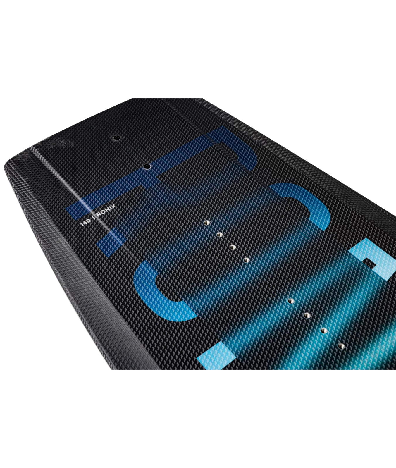 Top inset image of Ronix Men's Vault wakeboard, black board with blue color gradient. Image shows textured material annex material and size hit.