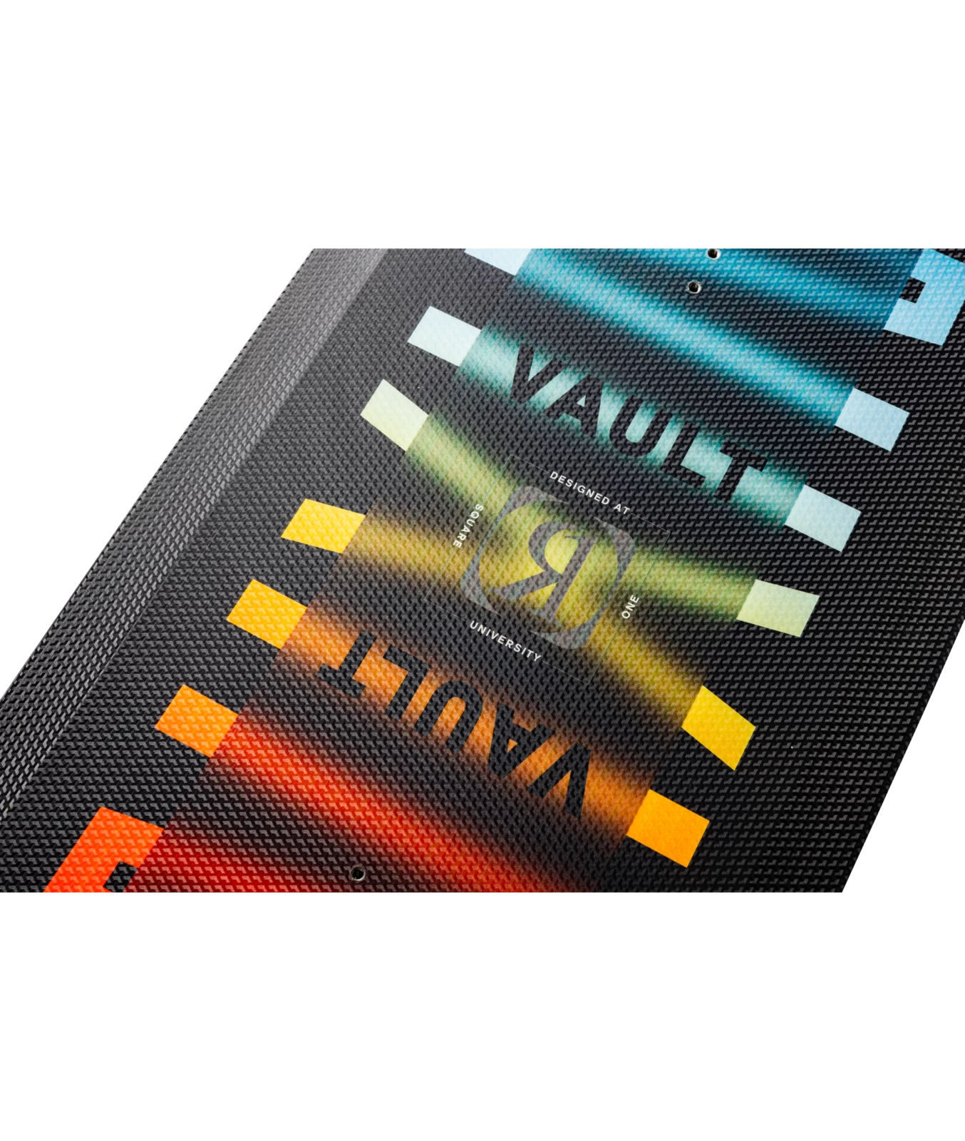 Top inset image of Ronix Men's Vault wakeboard, black board with color gradient. Image shows textured material annex material and Ronix/Vault logos.