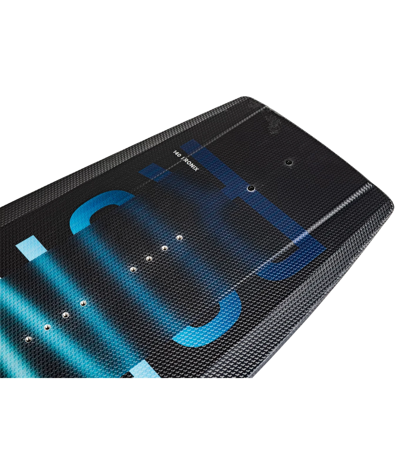 Base inset image of Ronix Men's Vault wakeboard, black board with blue letters