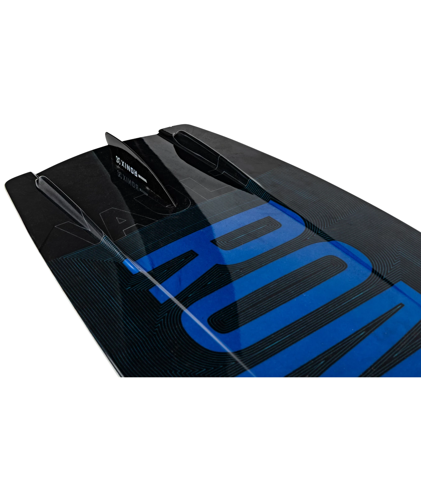Base inset image of Ronix Men's Vault wakeboard, black board with blue letters