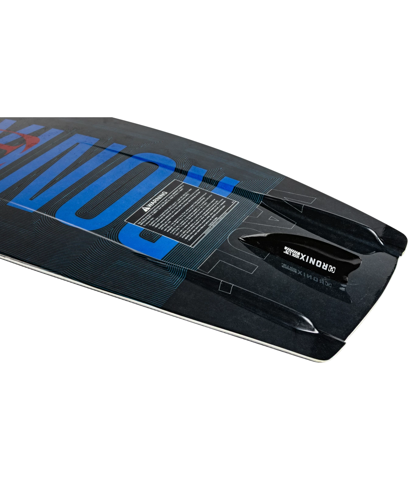 Base inset image of Ronix Men's Vault wakeboard, black board with blue letters