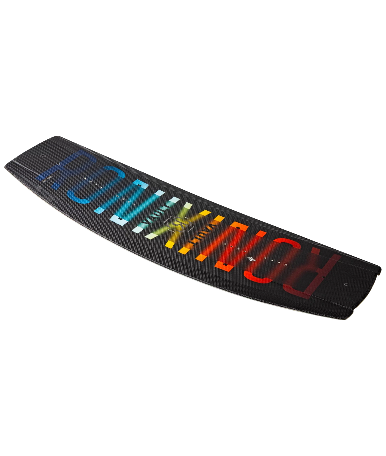 Top left angled image of Ronix Men's Vault wakeboard, black board with color gradient